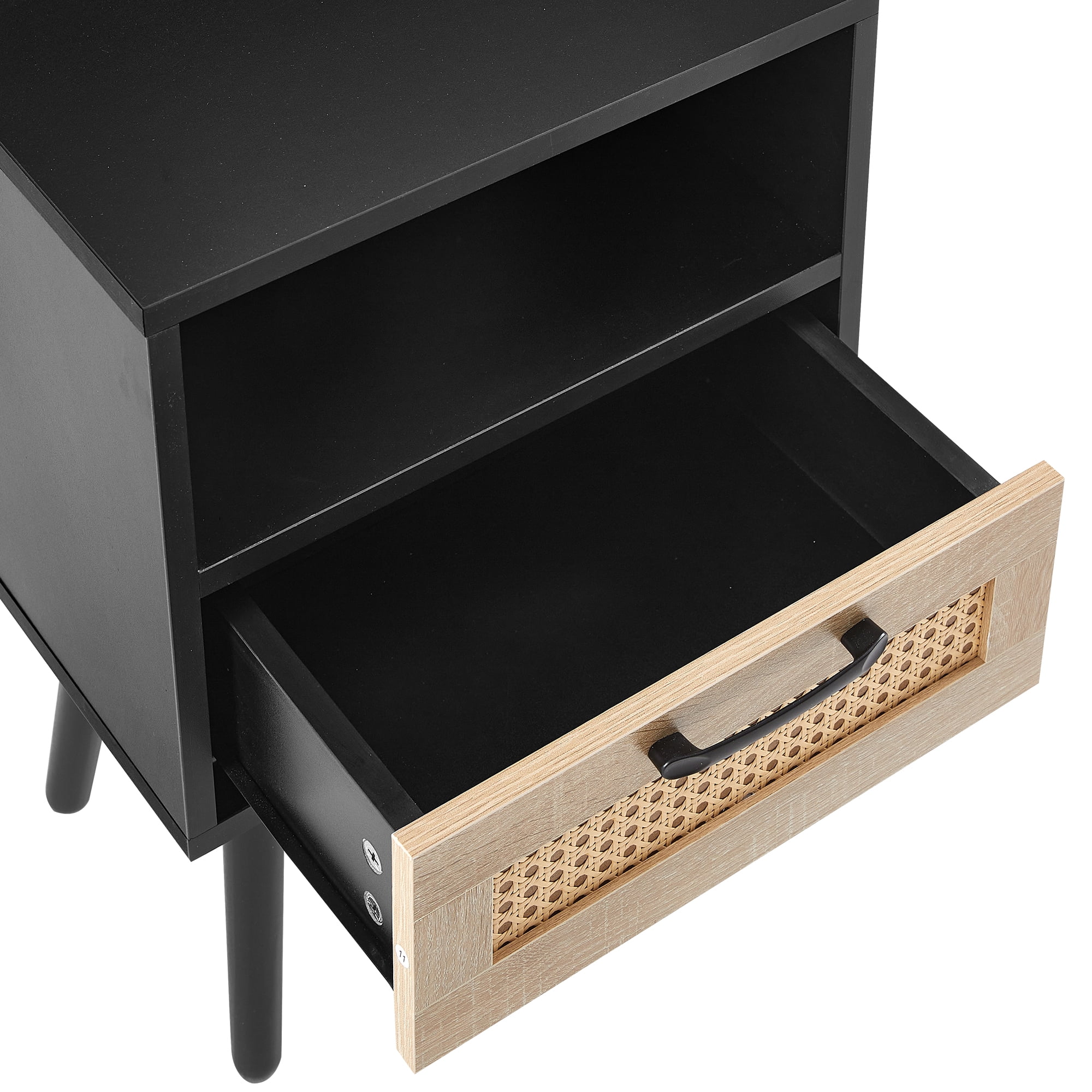 Aukfa Modern Nightstand Rattan End table with Storage Drawer for Living Room Bedroom,Black