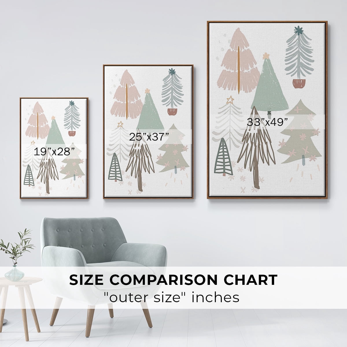 Christmas Tree Sketchbook Collection B - Framed Gallery Wrapped Holiday Canvas - 17 x 25 - Rosewood Frame