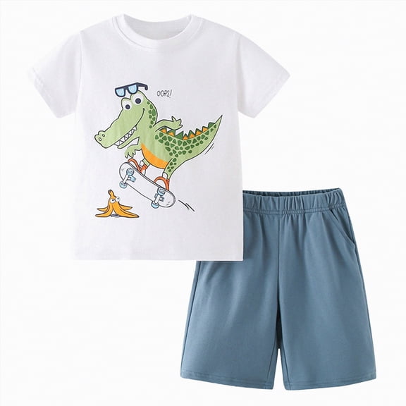 TOWED22 Toddler Boy Outfits Cartoon Dinosaur Print Short Sleeve Tee Top Casual Shorts 2 Pieces Summer Clothes(Navy,5-6 Y)