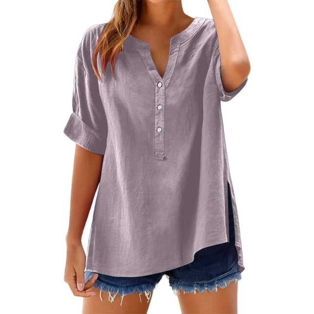 Women Blouses Casual Shirts V Neck Long Sleeve Solid Color Button Comfy Ladies Shirt