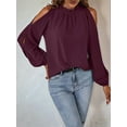 thumbnail image 3 of Womens Tops Dressy Casual Cold Shoulder Ruffle Collar Blouses Fall Fashion Shirts for Work Wine Red XXL, 3 of 8