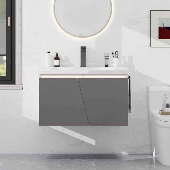 PULUOMIS 31-Inch Floating Bathroom Vanity Cabinet with Sink, Invisible Handles, 2 Shelves
