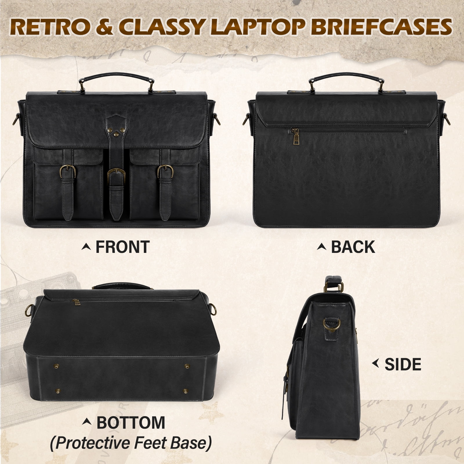 RAINSMORE Messenger Bag for Men 15.6 Inch Leather Vintage Laptop Briefcase Large Laptop Bag Waterproof Satchel Bag Computer Shoulder Bag for Office Work Travel College,Black
