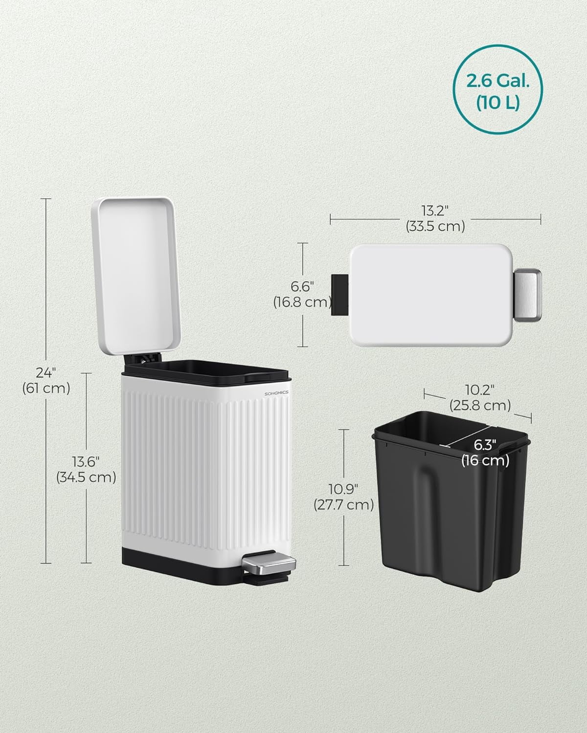 Bathroom Trash Can, 2.6-Gallon (10 L) Trash Bin with Lid, Slim for Small Spaces, Stainless Steel Garbage Can, Soft Close