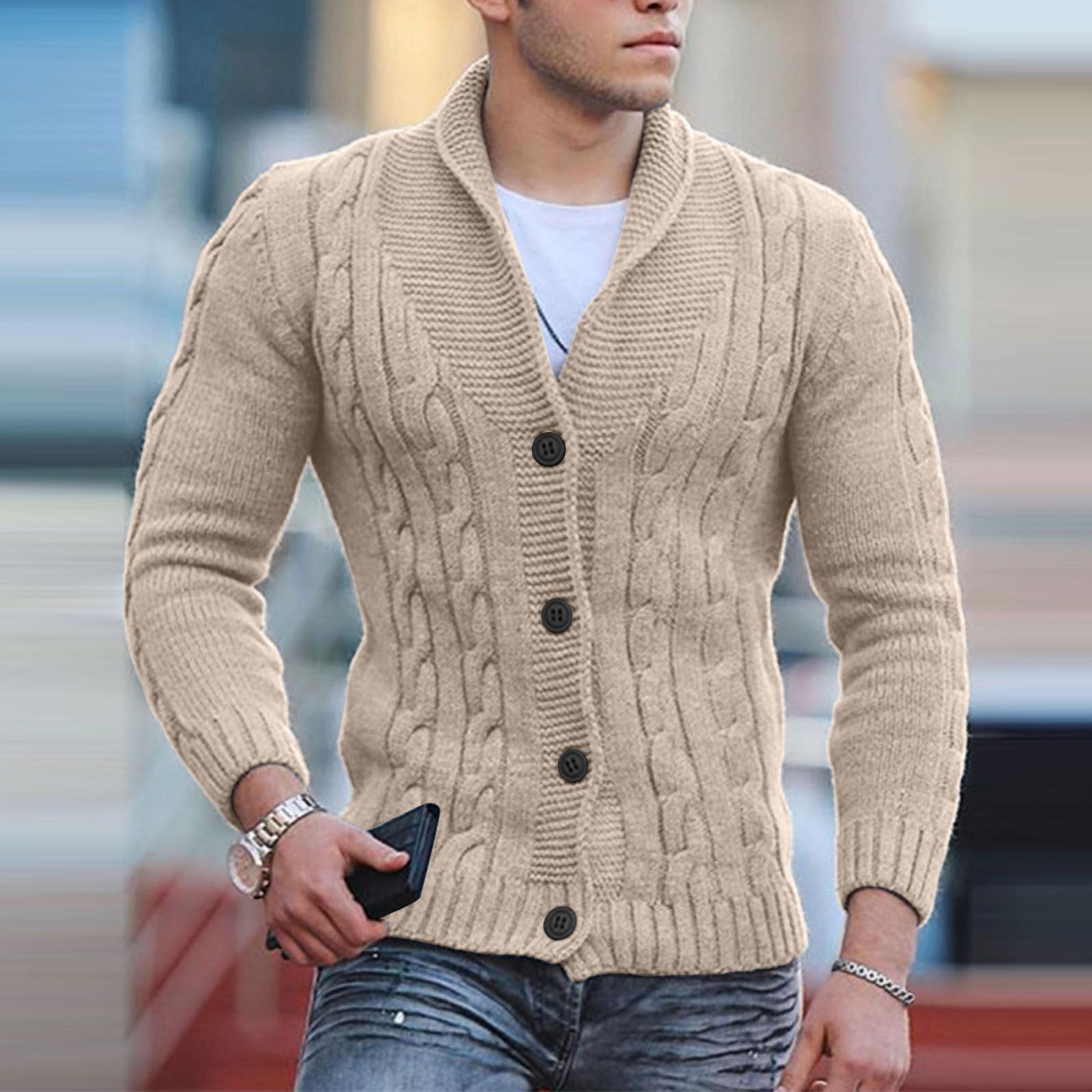 Sweaters For Mens Cable Knit Cardigan Sweater Shawl Collar Loose
