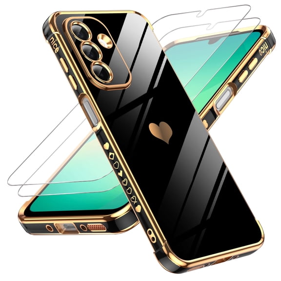 LeYi for Galaxy A26-5G Case: with Tempered Glass Screen Protector [2 Pcs]  Full Camera Lens Protection,Love Heart Plating Cute Luxury Soft TPU Shockproof Case for Samsung A26 5G,Black
