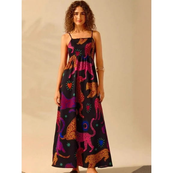 Floral Print Maxi Dress with Spaghetti Straps (S, Black)