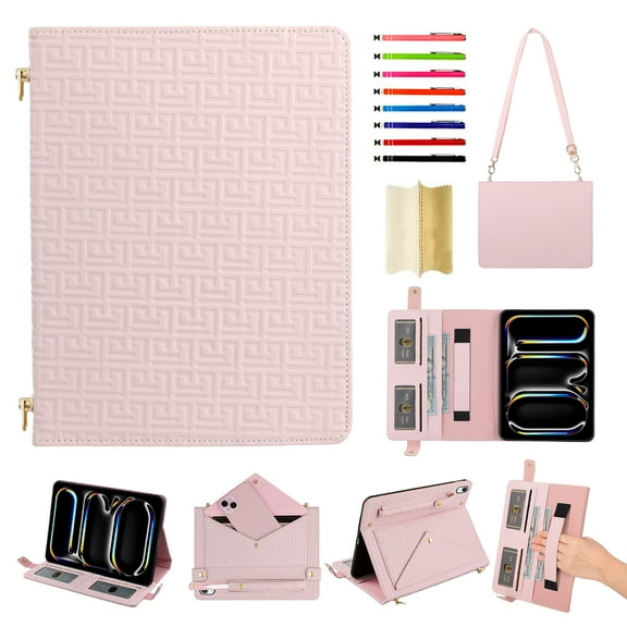 Case for iPad 10th Gen 10.9" 2022, Folio Stand PU Leather Rugged Cover with Shoulder Strap and Handstrap with elastic, Multi-Card Slots Cash Pockets Pen Slot Envelope Pocket Wallet Case, Pink
