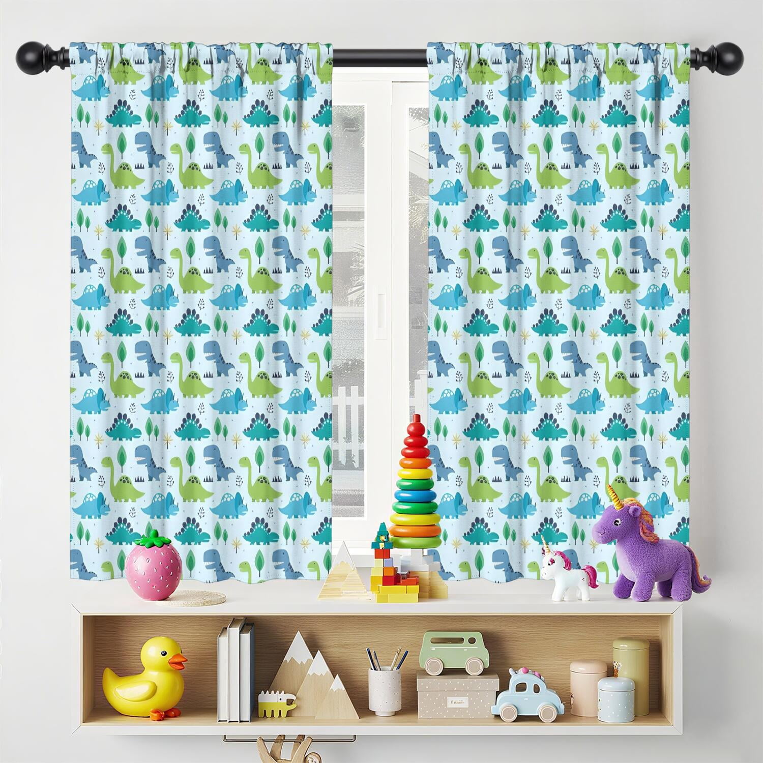 Blackout Kids Curtains,LightBlue Cartoon Dinosaurs Trees Stars Pattern Childrens Insulated Curtains Set Of 2,Bedroom Essentials,Toddler Room Decor 42"x54"