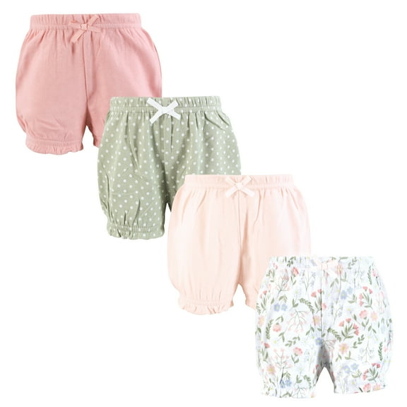 Hudson Baby Infant Girls Shorts Bottoms 4-Pack, Pastel Wildflower, 0-3 Months