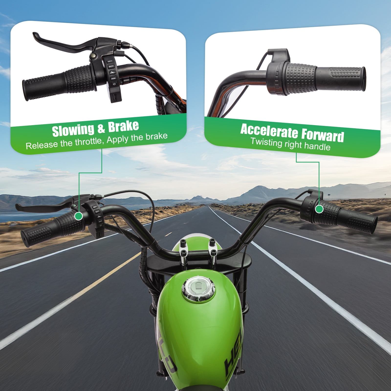 MUKIDY 24V Electric Motorcycle for Kids, 250W Ride on Motorcycle with Twist Grip Throttle, Key Start, Music, Speed up to 12.4 mph, Age 8+, Green