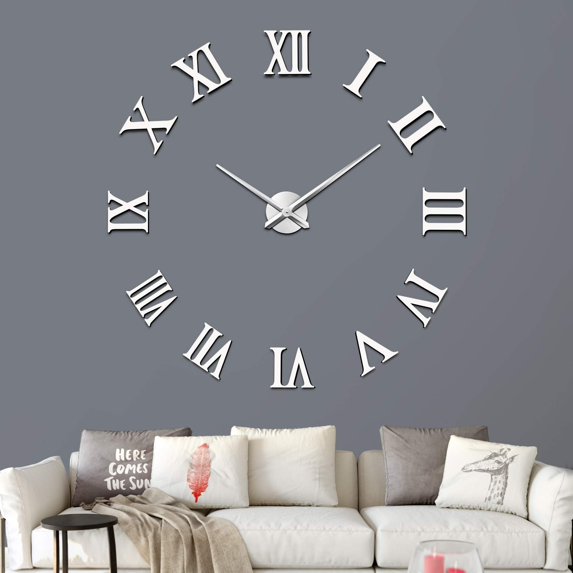 3D DIY Wall Clock, Giant Roman Numerals Clock Frameless Mirror Big Wall Clock Home Decoration for Living Room Bedroom