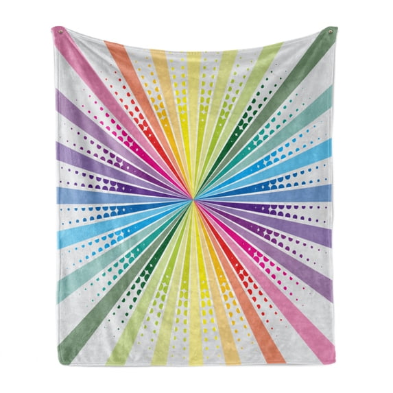 Vintage Rainbow Soft Flannel Fleece Throw Blanket, Retro Style Burst Effect with Halftone Details Colorful Rays Pop Sixties, Cozy Plush for Indoor and Outdoor Use, 50" x 60", Multicolor, by Ambesonne