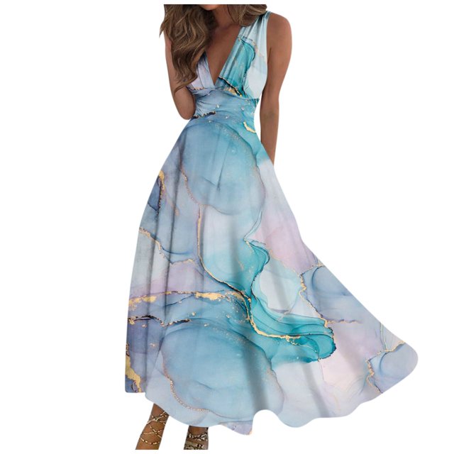 Robes d'Été pour Femmes, Jolies Robes Décontractées à Fleurs à Col en V Sans Manches, Robes Maxi, Robes Fluides pour Femmes