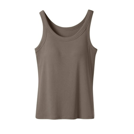 Womne Ribbed Tank Top with Sewn in Built in Bra Cup Sleevless Form Fitting Push Up Padded Bra Cami Shirt Basic Knit Tee BR XL