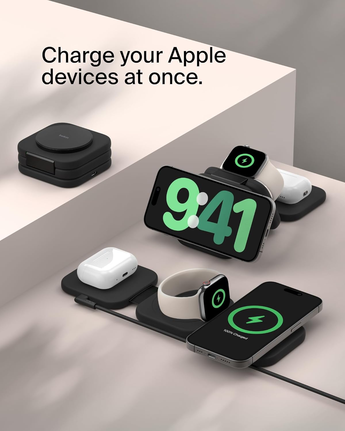 Belkin MagSafe Charger Compatible 3-in-1 Magnetic Charging Travel Pad 15W-BoostCharge Pro Foldable Qi2-Certified Wireless Charger, MagSafe-Compatible Charger for iPhone, Apple Watch, AirPods