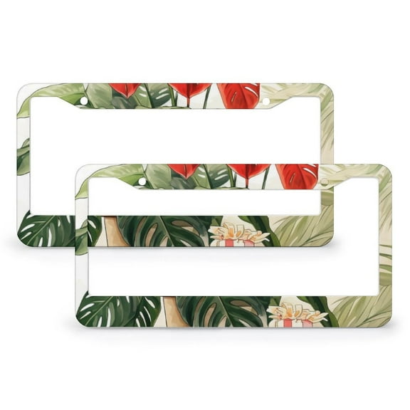 License Plate Frame Christmas Monstera Plant License Plate Cover Front Plates Frames Car Tag Frame 2 PCS Plant Monstera Leaf Metal License Plate Cover for Women