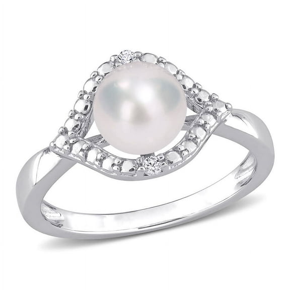 AMOUR 7-7.5mm Freshwater Cultured Pearl and Created White Sapphire Halo Ring In Sterling Silver