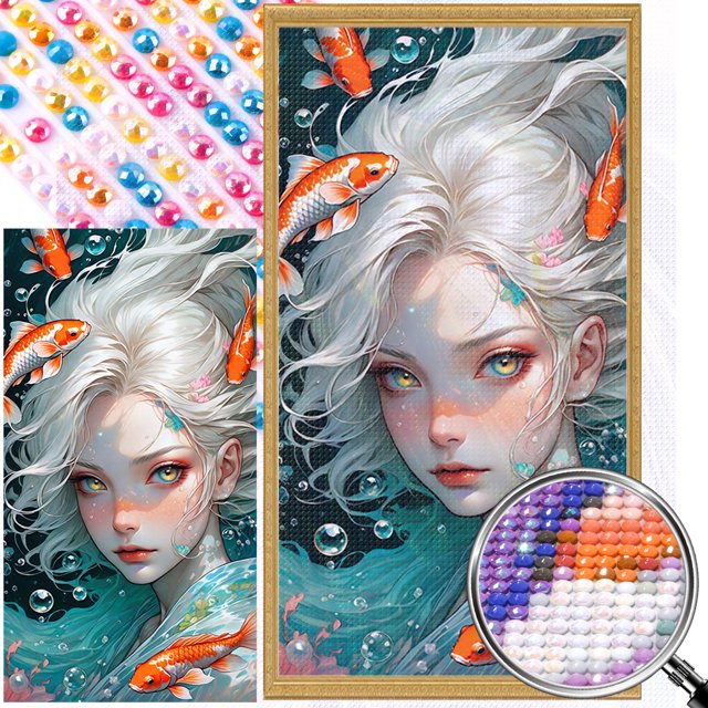 5D DIY Taladro Parcial AB Diamante Pintura Pelo Niña Pez 45x80cm Blanco