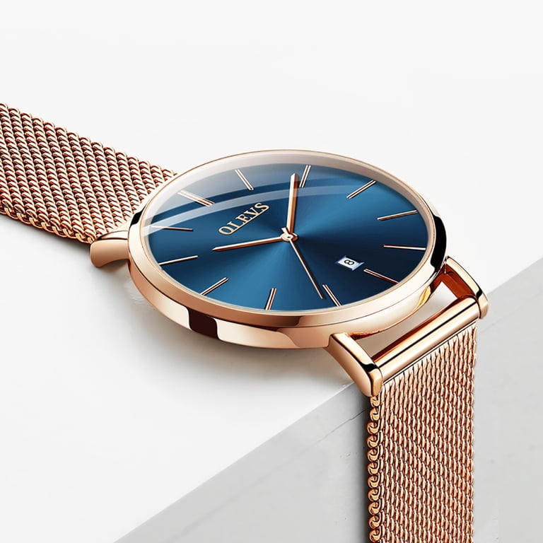 Women\'s Rose Gold Blue Mesh Stainless Steel Slim Thin Waterproof Luxury Watch Amazon.com: OLEVS Watch Women Reloj para mujer Ultra Thin  main image 2