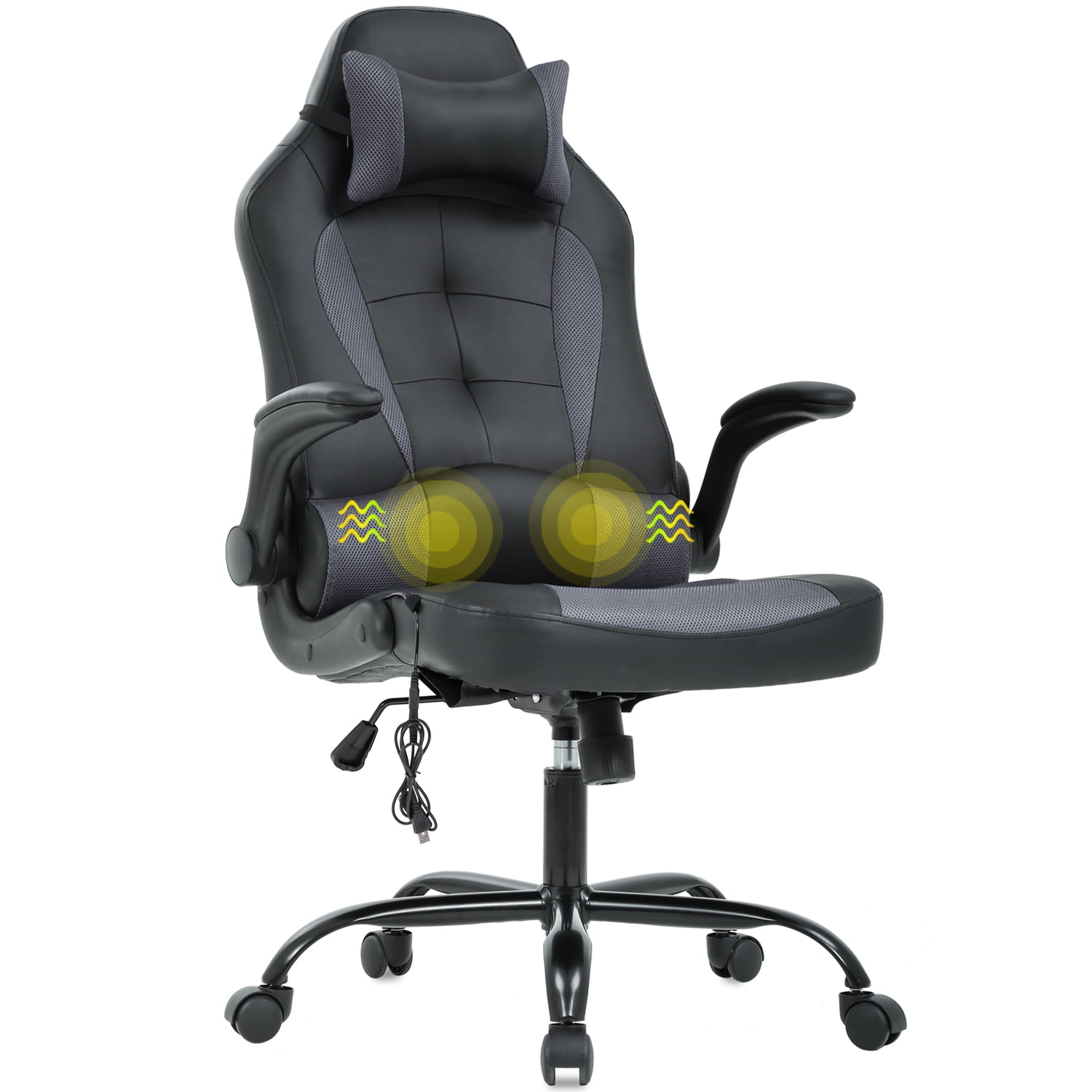Grey Gaming Chair Ergonomic Executive Office Desk Chair High Back Leather Swivel Computer Racing Chair with Lumbar Support