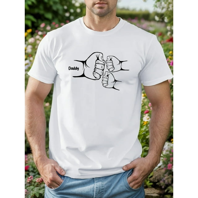 Men's Daddy And Baby Fist Bump Graphic Tee, Crew Neck, Polyester - Casual Summer Knitted T-Shirt