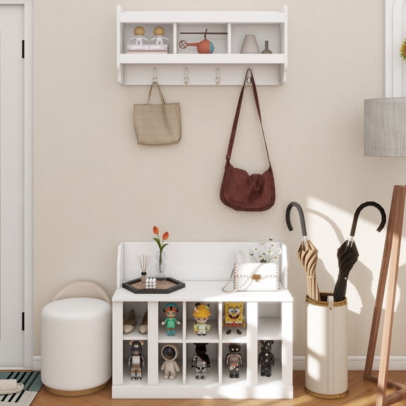 Shoe Storage Bench with Shelves and 4 Hooks, Elegant Hall Tree with Wall Mounted Coat Rack, Entryway Organizer For Hallway, Foyer, Mudroom, White