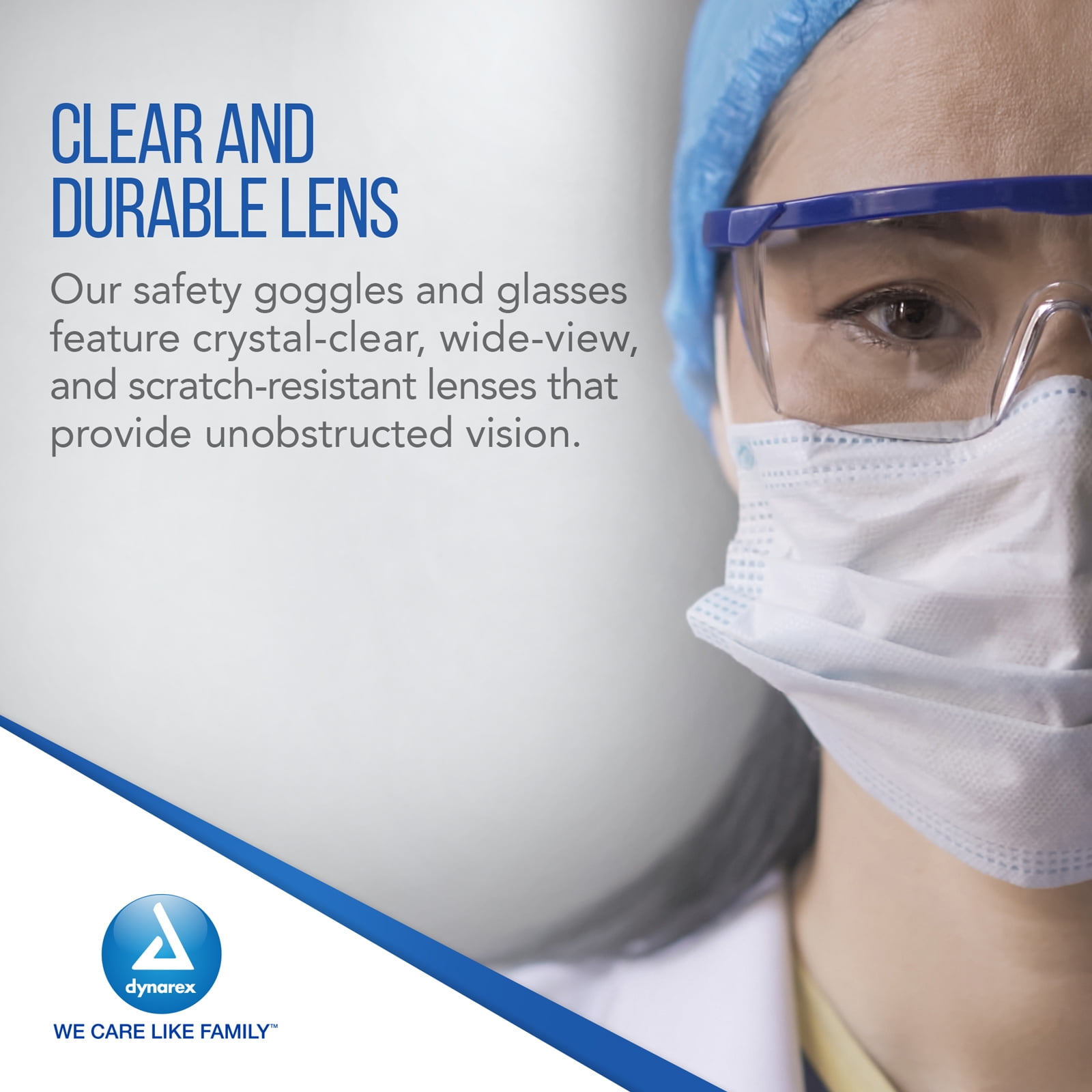Dynarex Safety Glasses - Eye Protection for Medical, Dental, Lab Use - Shields Eyes From Dust, Chemical & Particles - Wraparound Frames, Wide-View Optical Lens, Short Side Shields - Blue, 50-Count