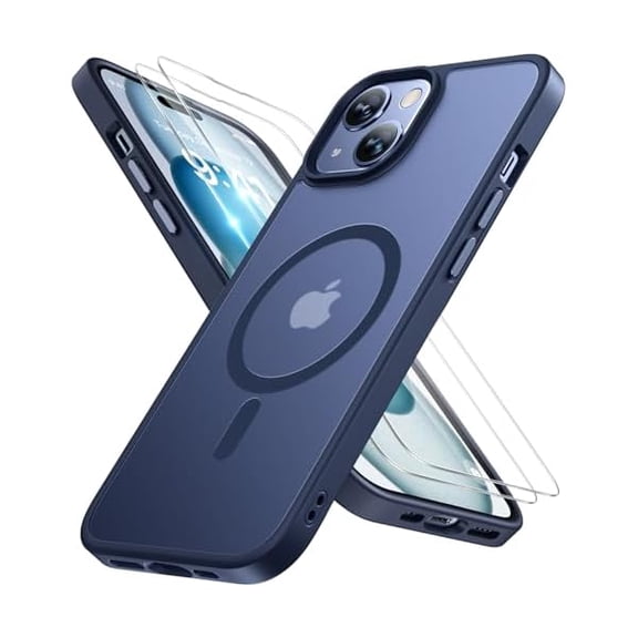 Eryueer Magnetic for iPhone 15 Case （with 2X Screen Protectors） Military-Grade Protection, Anti-Fingerprint Translucent Matte Phone Cover for iPhone 15 6.1 inch, Dark Blue