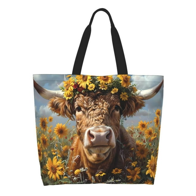 Easygdp Cute Cow Sunflower Crown A Bolsas Tote para Mujer, Bolsos de Hombro para Viaje, Bolsos de Mano de Gran Capacidad para Compras y Trabajo