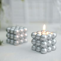 Efavormart 2 Pack | Shiny Metallic Silver 2" Bubble Cube Paraffin Wax Candles, Unscented Square Pillar Candle, Party Favor Gift