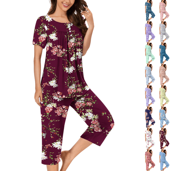 Asgosdo Pajamas Women Set Short Sleeve Sleepwear Tops and Capri Pants Pjs Print Pajama Sets