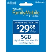 Walmart Family Mobile $29.88 Unlimited Monthly Prepaid Plan (5GB at High Speed, then 2G*) e-PIN Top Up (Email Delivery)