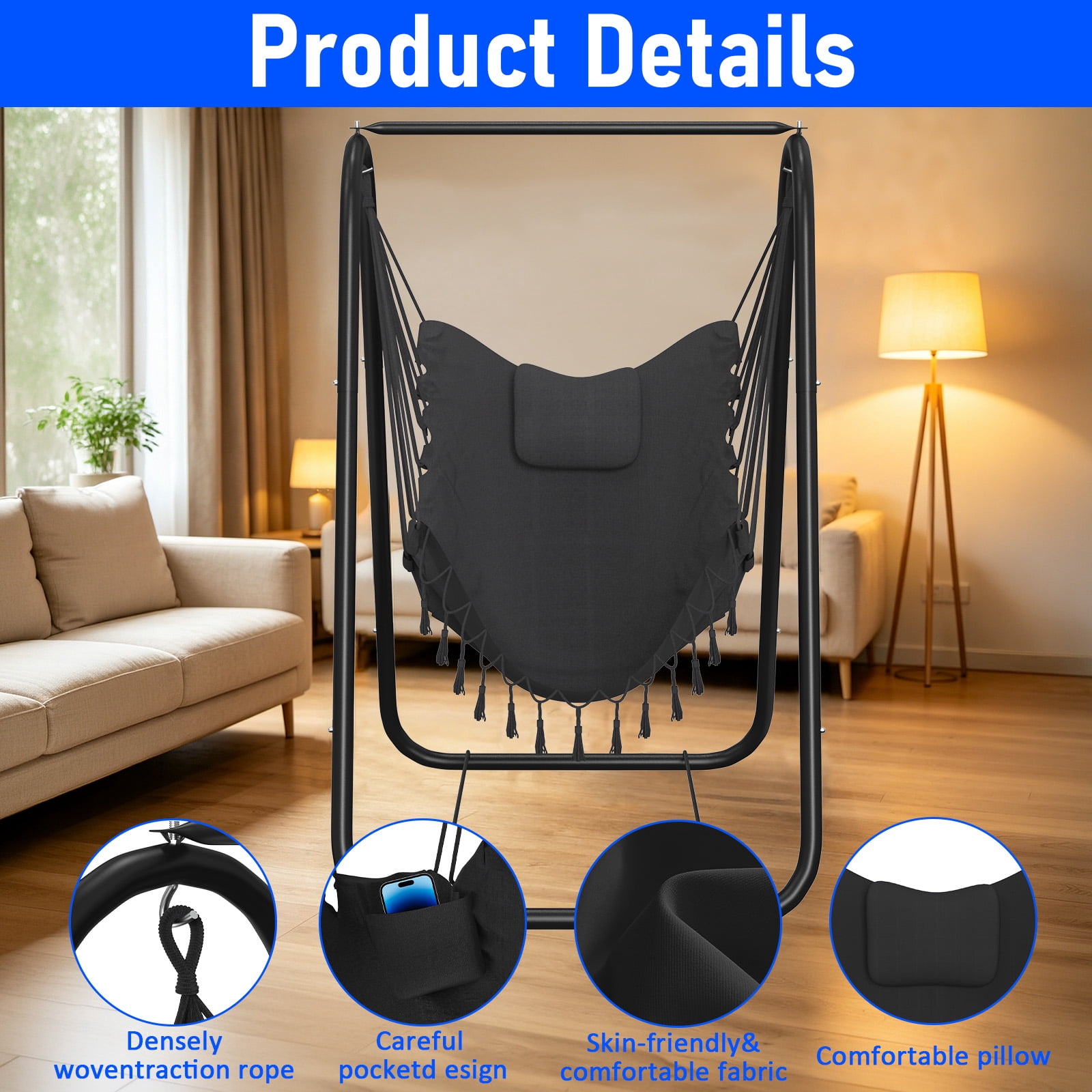 G TALECO GEAR Hammock with Stand, Heavy-Duty Foldable Camping Hammock Swing Chair for Indoor & Outdoor Backyard Use, 500lbs, Gray