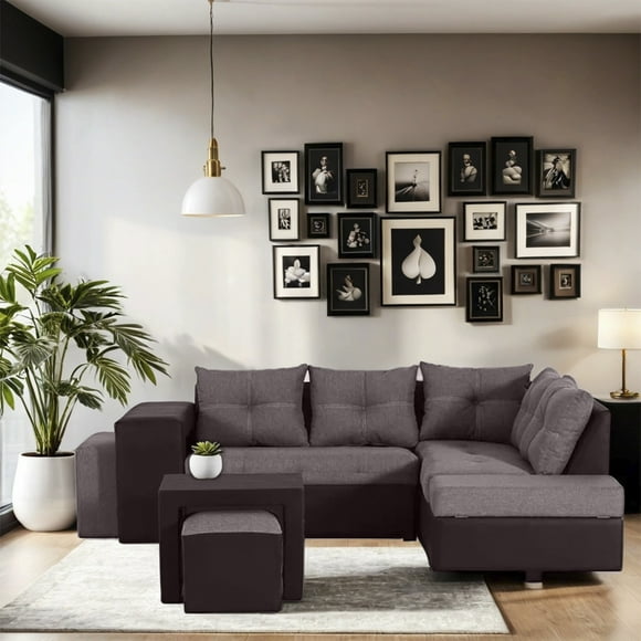 Sala esquinera Modular Barcelona, Atlas del Descanso 5 piezas incluye baul, gris