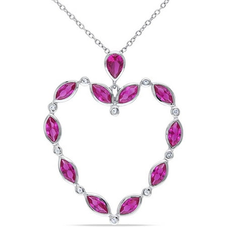 3-4/5 Carat T.G.W Created Ruby and White Topaz Sterling Silver Heart Pendant, 18