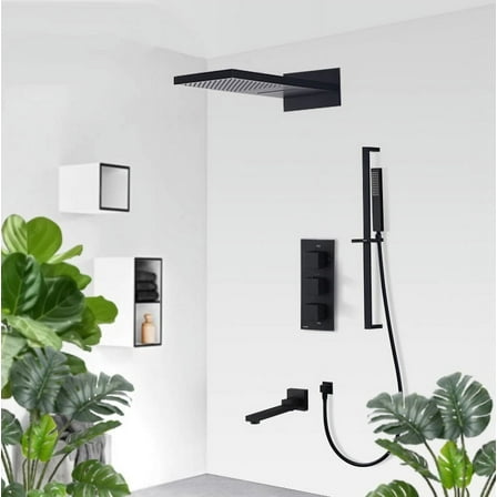 JUNO Matte Black Thermostatic Shower Faucet Rain & Waterfall Shower With Slide Bar 4-way Thermostatic Mixer Swivel Spout Shower