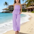 thumbnail image 2 of CCRFTGI Girls Summer Outfits Size 10-12 Cotton Linen 2 Piece Outfits Solid Ruffle Strapless Tube Top and Trouser Girls' Clothing Sets for KIds Purple 9-10 Years, 2 of 6