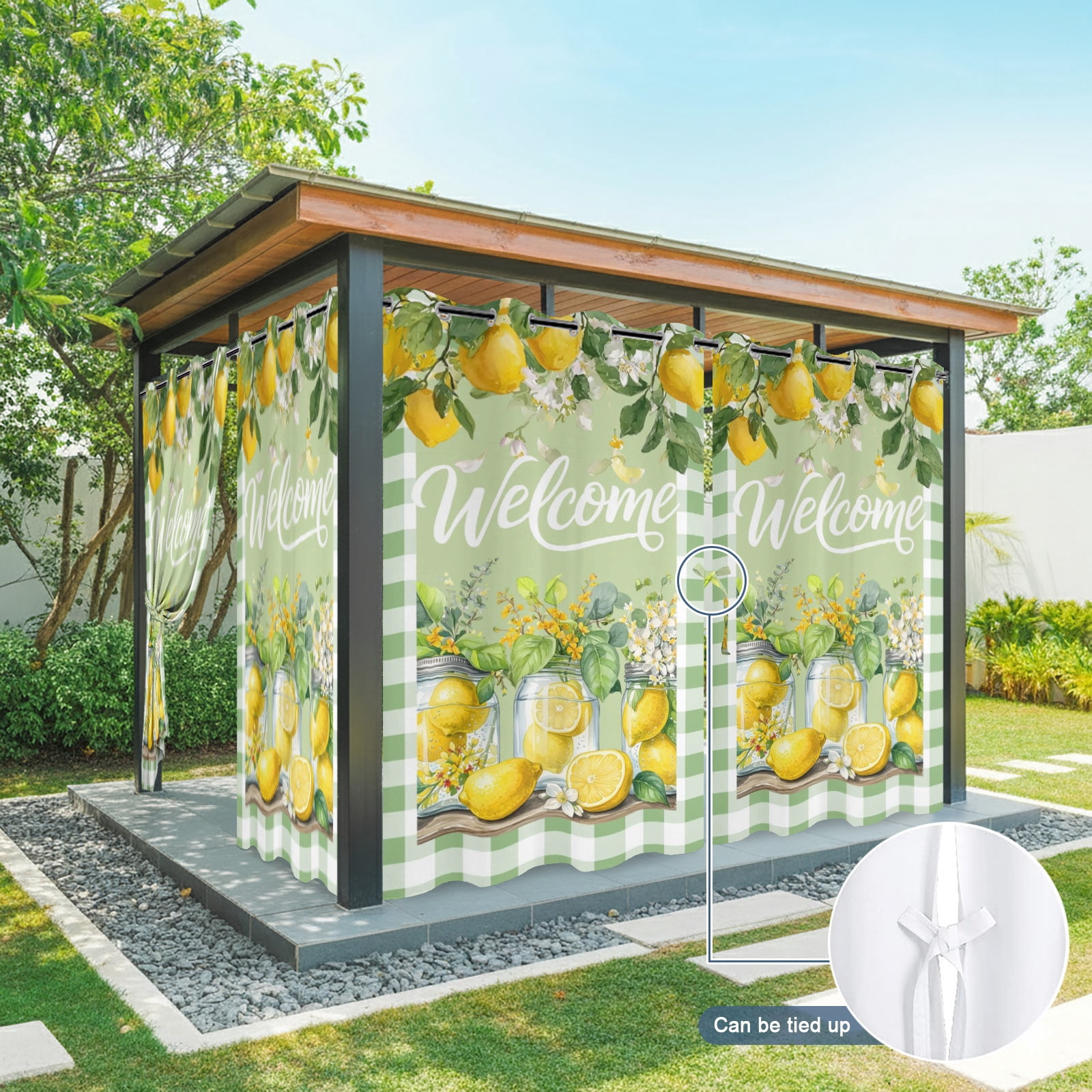 Green Lemons Outdoor Curtains for Patio, Welcome Summer Fruit Flower Botanical Plaid Sunshade Privacy Drapes Grommet Waterproof Outside Curtains for Porch/Cabana/Balcony 54"x 84", 2 Panel