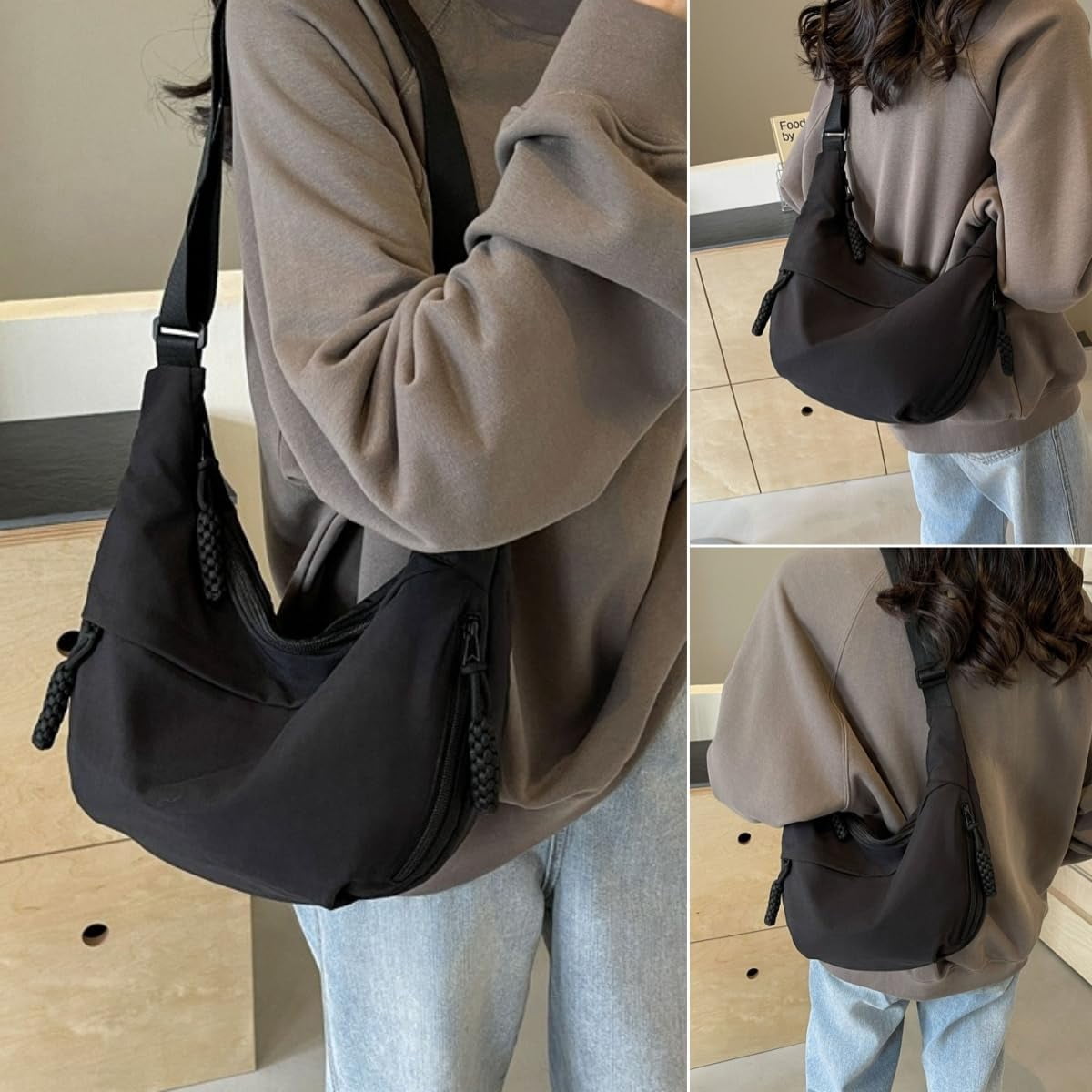 NANAHuang Nylon Crossbody Bags for Women, Trendy Medium Crescent Bag, Lightweight Woman Over Shoulder Purse with Zipper