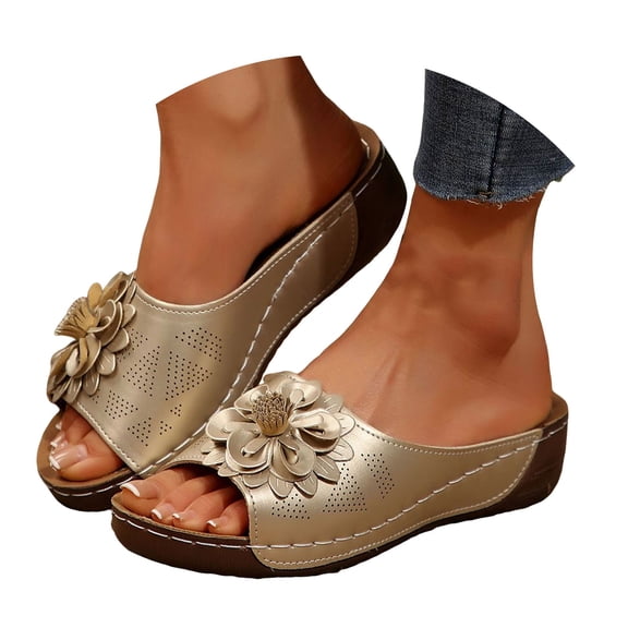 Mepaouo Flowers Orthopedic Sandals for Women Arch Support Open Toe Leather Slides Wedge Platform Shoes