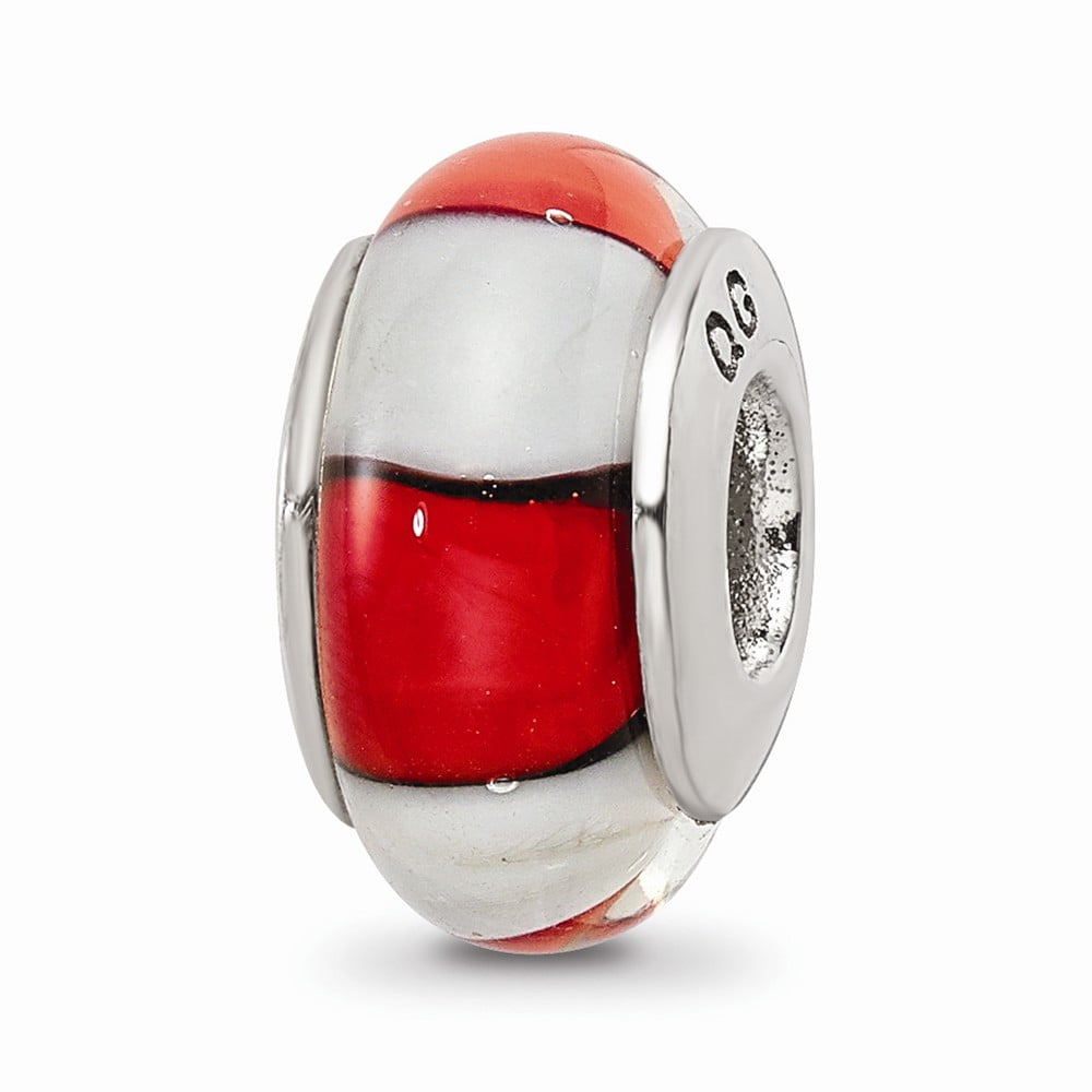 925 Sterling Silver Reflections Red/White Hand-blown Glass Bead; for Adults and Teens; for Women and Men