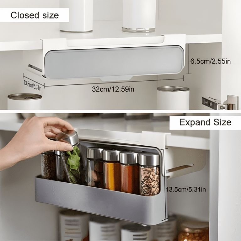 Slide Rack Cabinet Shelf Under Cabinet Spice Rack Pull Down Hidden With 6 Bottles or Spice Jars Pull Down Shelf For Seasoning Storage Expandable