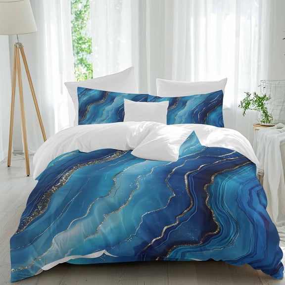 Blue and Gold Marble Comforter Set Queen Size, Modern Abstract Ocean Blue Gradient Soft Bedding Set for Man Woman, 4 Pieces Duvet Cover Set with Fitted Sheet, 2 Pillowcases
