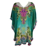 Mogul Womens Short Kimono Kaftan Green Printed V Neckline Georgette Beach Cover Up Swimwear Evening Holiday Caftan Dresses XL