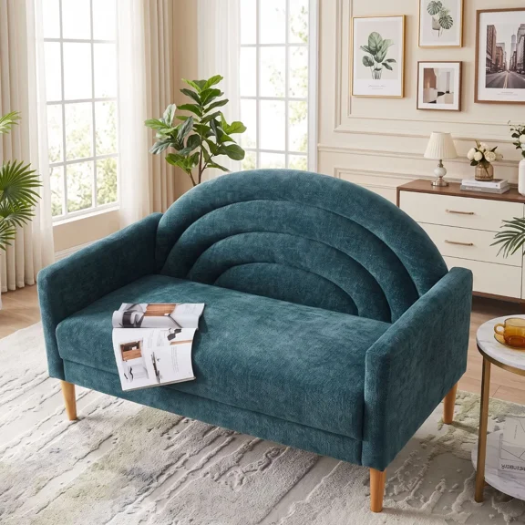 49 Inch Small Loveseat Sofa for Small Spaces,Mid Century Modern Linen Upholstered 2 Seat Couch with Rainbow Backrest,Turquoise