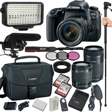 Canon EOS 77D 24.2 MP Digital SLR Camera with 18-55mm and 55-250mm Lenses�, Filters , Lens Hood , Monopod , 128GB Memory , Led Video Light , Microphone , Canon Case , Extra