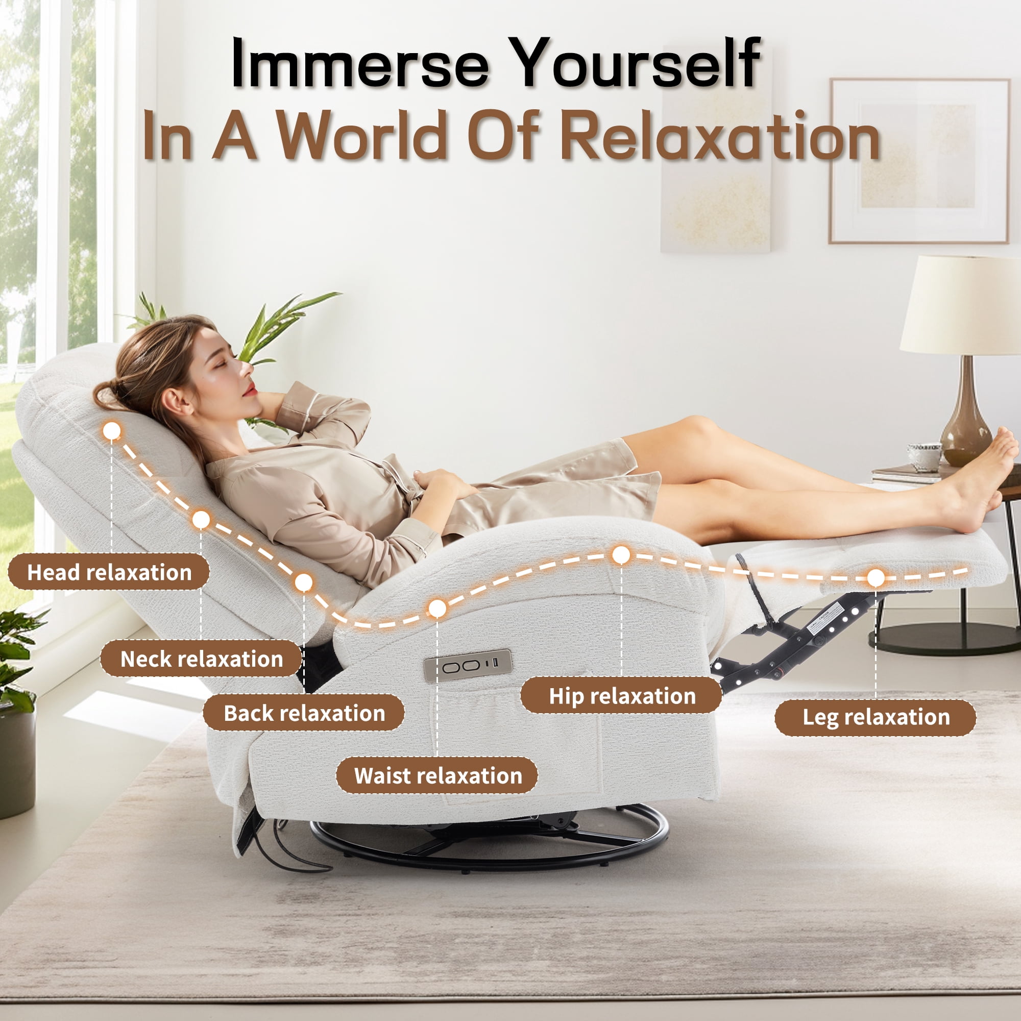Korser Power Swivel Rocker Recliner Chair with USB Ports Chenille for Living Room,Beige