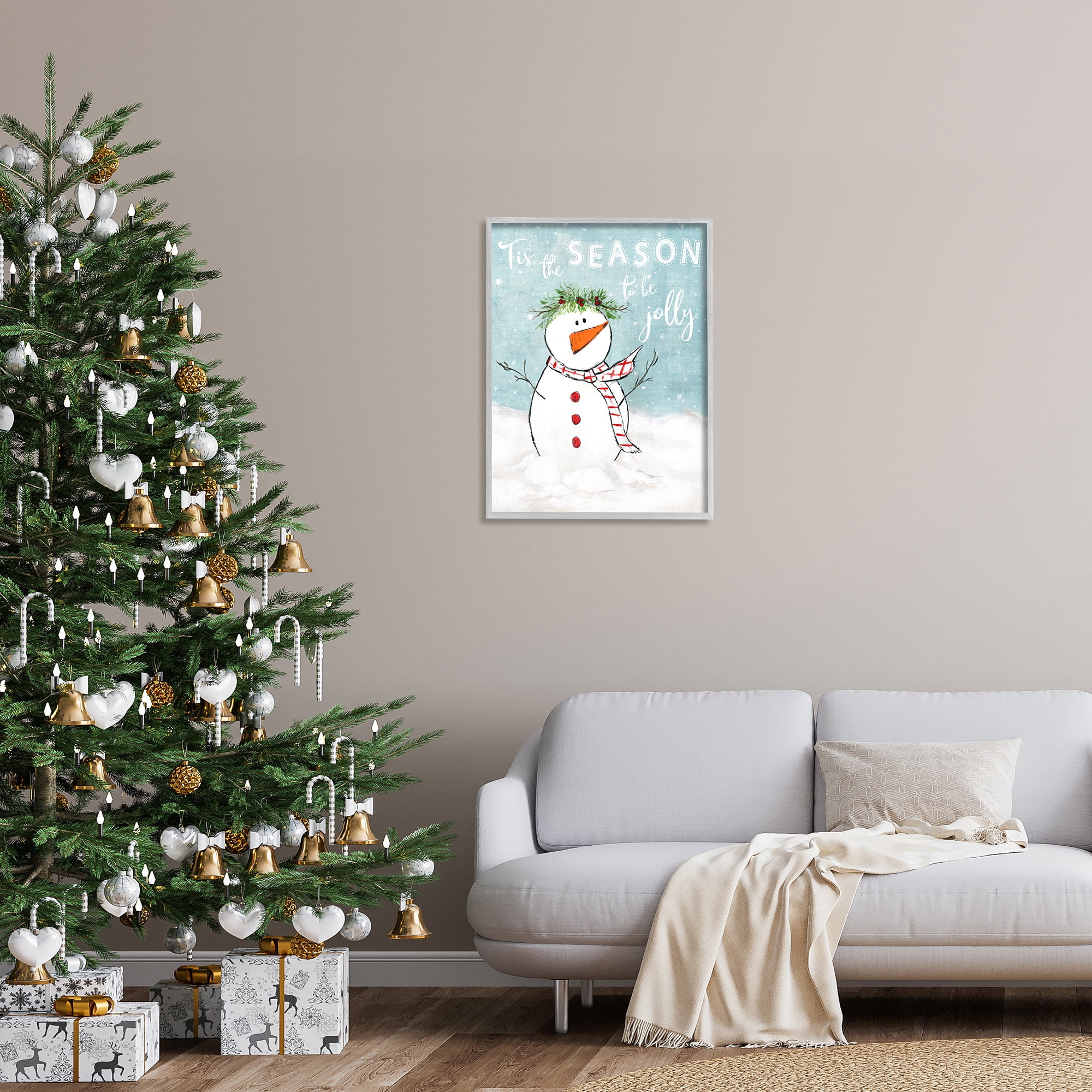 Stupell Industries Tis the Season Snowman Holiday Painting Gray Framed Art Print Wall Art, 24 x 30