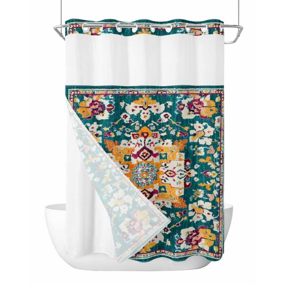 No Hook Cloth Fabric Shower Curtain with Snap in Liner, Vintage Southwest Waterproof Shower Curtains Set with See Through Top Window, Boho Aztec Farmhouse Pattern Art Bath Curtains Shower 48"x72"